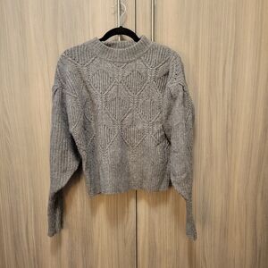 Gray Mock Neck Knit Sweater With Bishop Balloon Sleeves